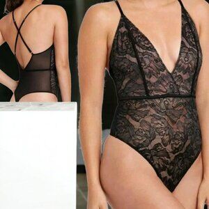NWT AUDEN (SM) Black Floral Lace V Neck Bodysuit Intimate Wear
